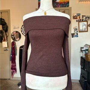 Chic Off-Shoulder Brown Ribbed Top